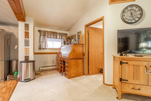 miscellaneous room with vaulted ceiling with beams, light colored carpet, and baseboard heating