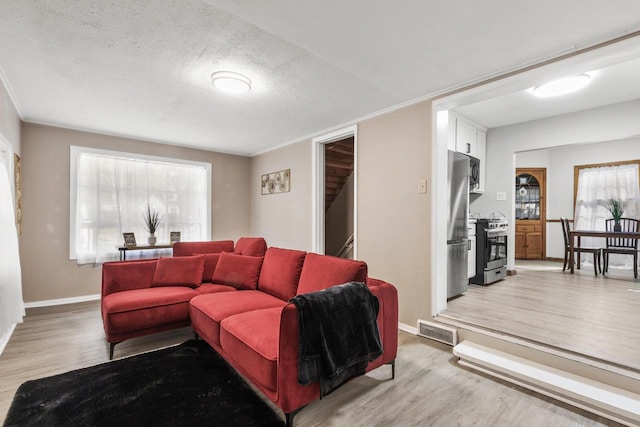 living room featuring a textured ceiling and light hardwood / wood-style flooring