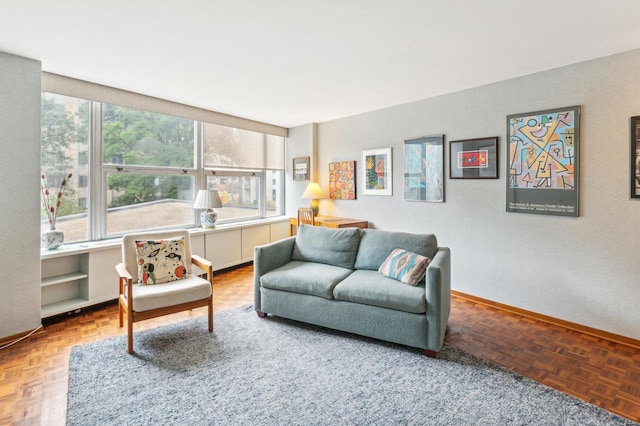 living room with parquet floors