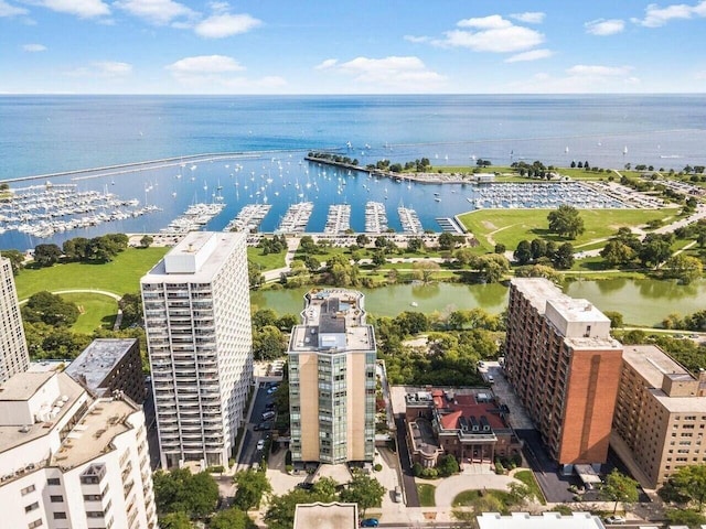 bird's eye view with a water view