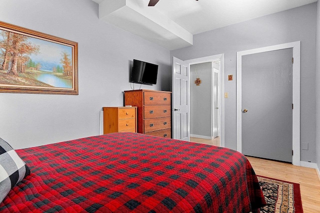 bedroom featuring ceiling fan and light wood-type flooring