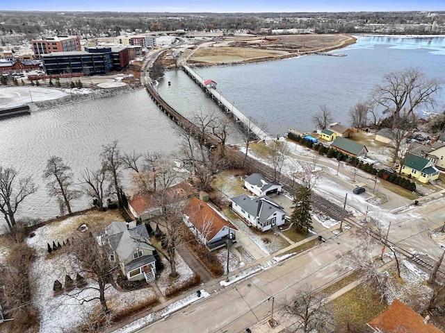 drone / aerial view with a water view