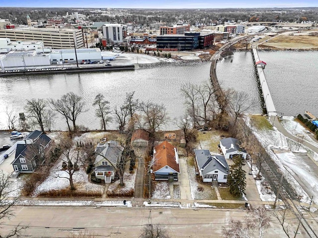 birds eye view of property featuring a water view