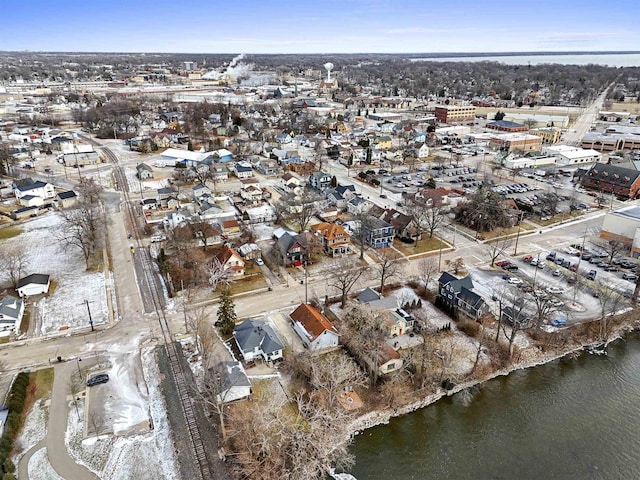 bird's eye view with a water view