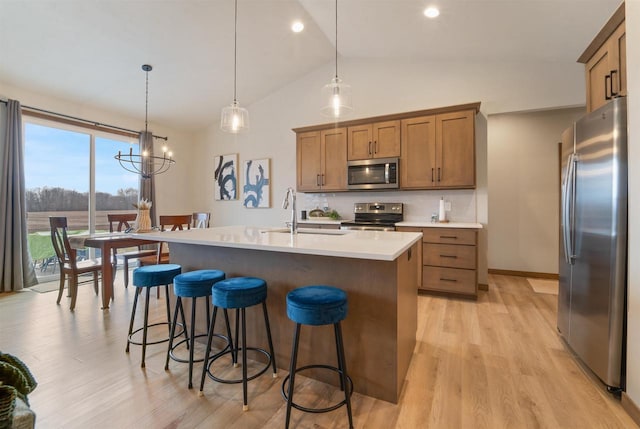 kitchen featuring stainless steel appliances, tasteful backsplash, pendant lighting, light hardwood / wood-style floors, and a center island with sink