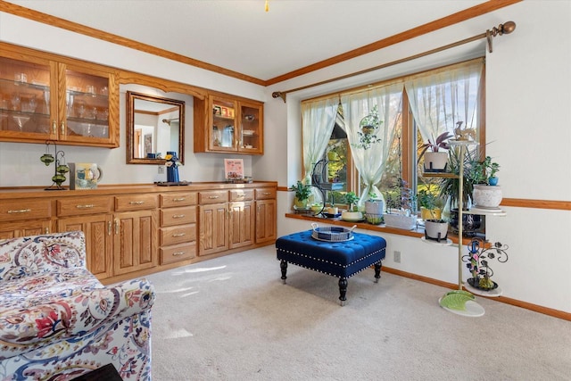 sitting room with light colored carpet and ornamental molding