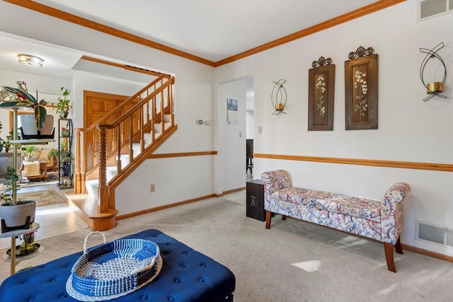 living room featuring carpet floors and ornamental molding