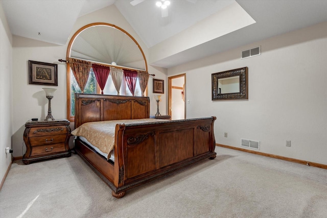 carpeted bedroom featuring high vaulted ceiling and ceiling fan