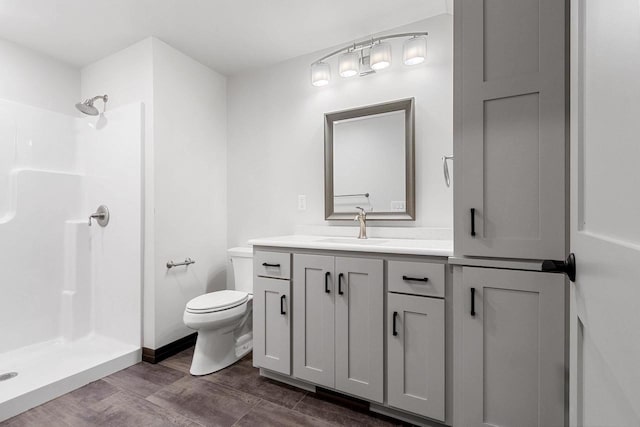 bathroom with a shower, vanity, and toilet