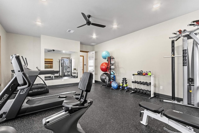 workout area with ceiling fan