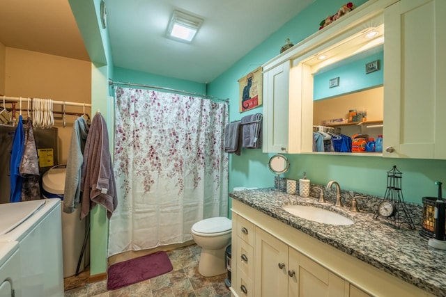 bathroom featuring independent washer and dryer, vanity, toilet, and a shower with curtain