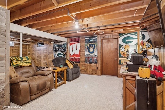 basement with carpet and wood walls