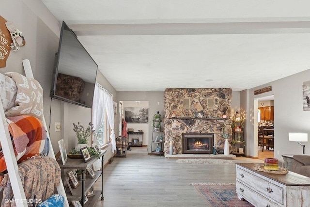 unfurnished living room with wood-type flooring and a fireplace