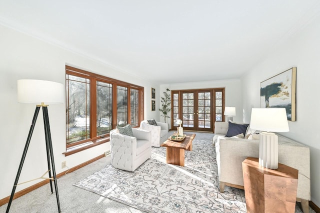 living room featuring french doors and light colored carpet