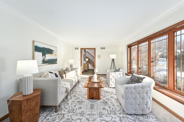 living room featuring ornamental molding