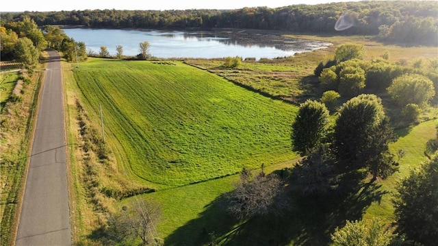 birds eye view of property with a water view and a rural view