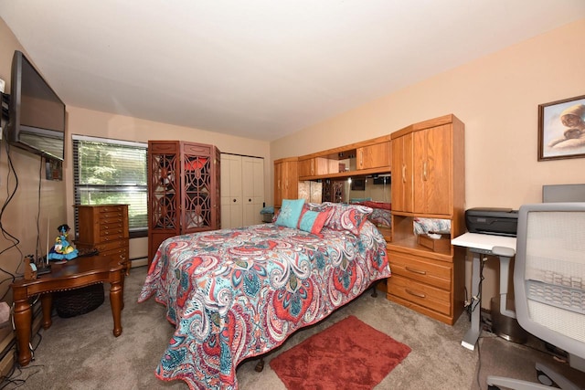 carpeted bedroom with a closet