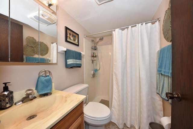 bathroom with walk in shower, vanity, and toilet