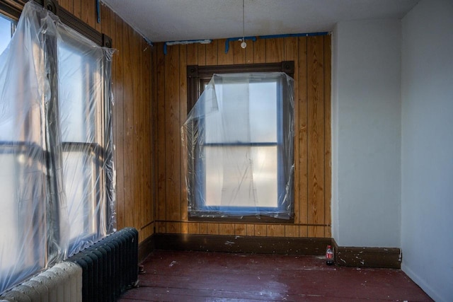 spare room with wood walls, a healthy amount of sunlight, a textured ceiling, and radiator