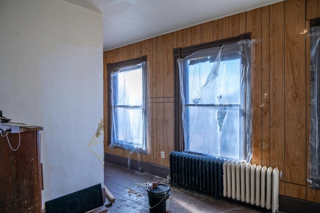 miscellaneous room featuring radiator and wood walls