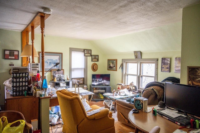 living room with wood-type flooring, a textured ceiling, and lofted ceiling