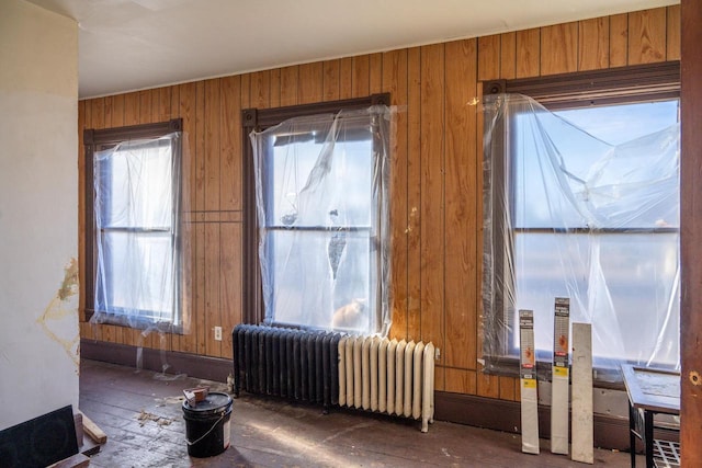 miscellaneous room with radiator heating unit and wooden walls