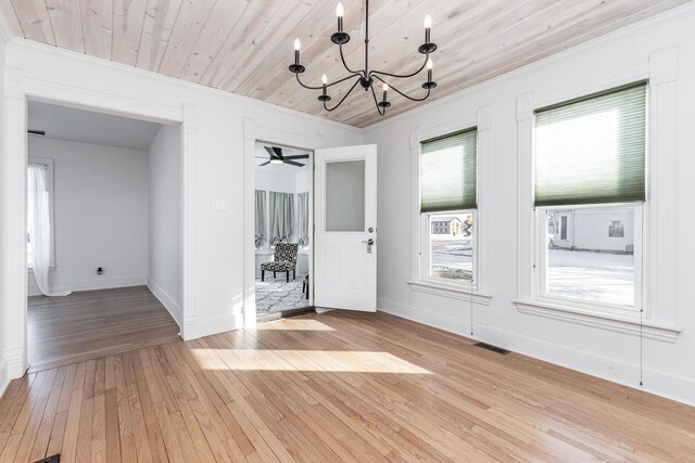 616 Elk St, Sabula, IA 52070 - unfurnished dining area featuring ornamental molding, light hardwood / wood-style floors, a chandelier, and wooden ceiling