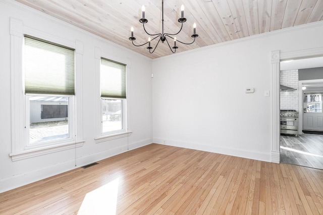 616 Elk St, Sabula, IA 52070 - spare room with a chandelier, crown molding, wooden ceiling, and light hardwood / wood-style flooring