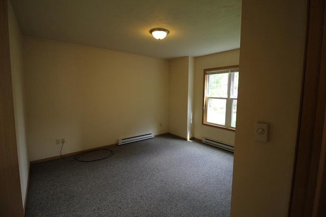 carpeted empty room with baseboard heating