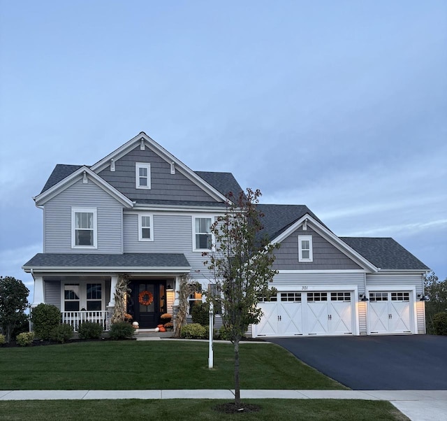 craftsman-style home with a porch, a garage, and a front yard