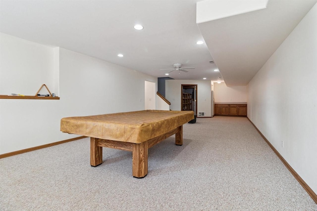 game room featuring light colored carpet, ceiling fan, and billiards