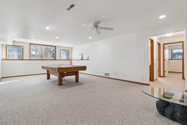 playroom featuring ceiling fan, light colored carpet, and billiards