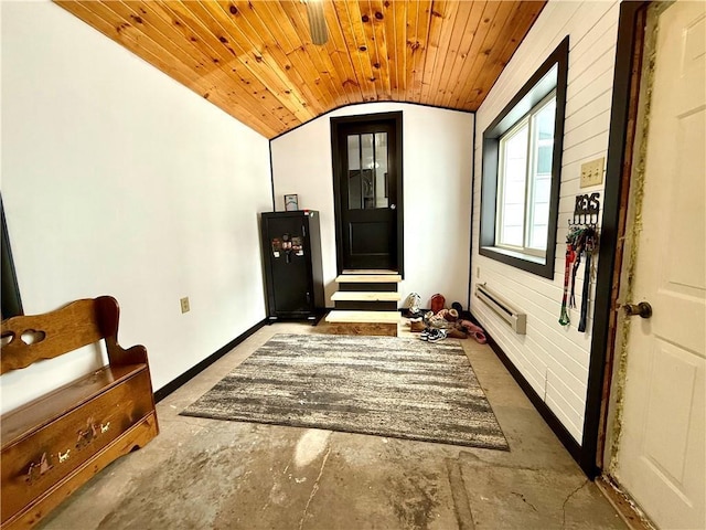 interior space featuring wood ceiling and vaulted ceiling