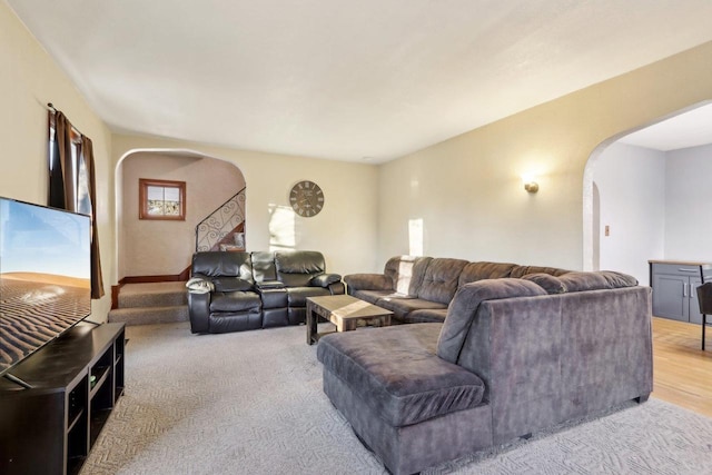 living room with light colored carpet