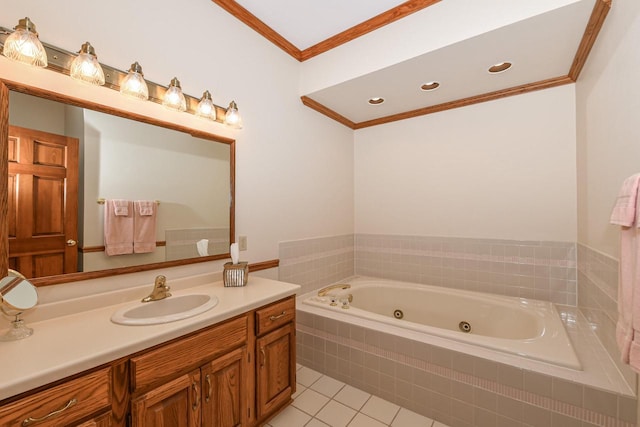 bathroom featuring tiled bath, crown molding, tile patterned flooring, and vanity