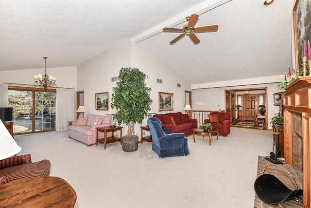 carpeted living room featuring vaulted ceiling with beams, a fireplace, a textured ceiling, and ceiling fan with notable chandelier