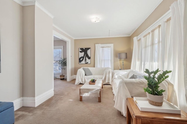 bedroom featuring multiple windows, light carpet, and crown molding