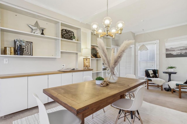 carpeted dining space featuring an inviting chandelier and crown molding