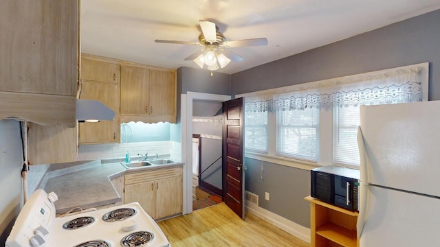 kitchen with decorative backsplash, light brown cabinetry, white appliances, sink, and light hardwood / wood-style flooring