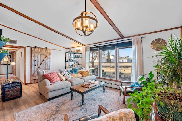 living room with a chandelier, vaulted ceiling with beams, a barn door, and light hardwood / wood-style floors