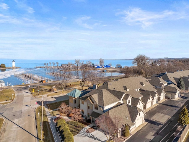 drone / aerial view with a water view