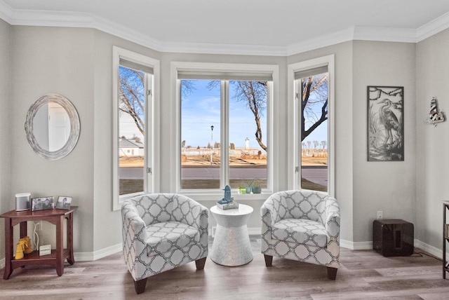 living area with hardwood / wood-style floors and ornamental molding