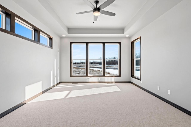 spare room featuring a raised ceiling, light carpet, and ceiling fan