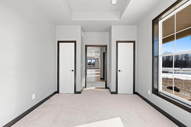 unfurnished room with light colored carpet and a tray ceiling