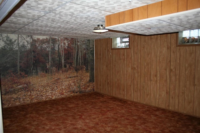 basement featuring wood walls and dark carpet