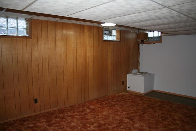 basement with wood walls, a textured ceiling, and dark carpet