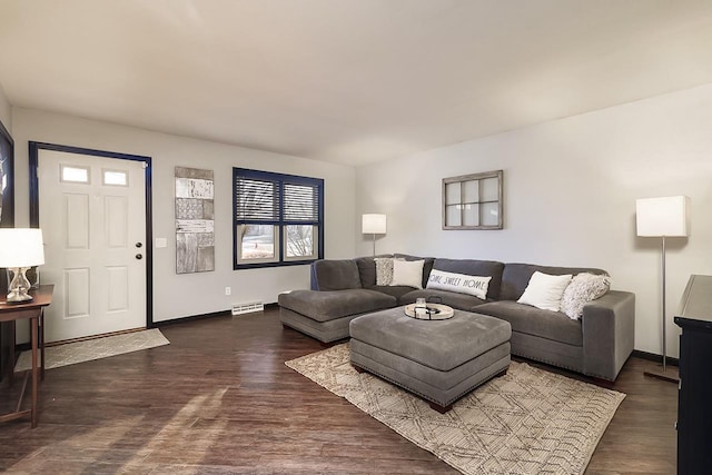 living room featuring dark wood-type flooring