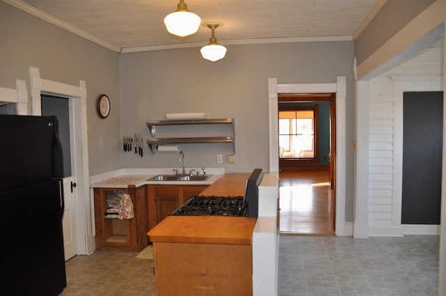 kitchen with black refrigerator, pendant lighting, crown molding, and sink