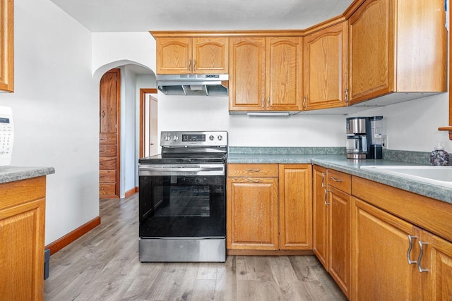 kitchen featuring light wood-type flooring and stainless steel range with electric cooktop