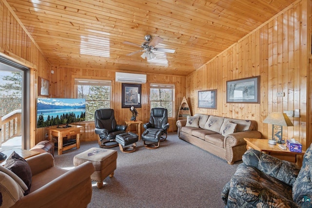 carpeted living room with wood ceiling, vaulted ceiling, ceiling fan, wooden walls, and an AC wall unit